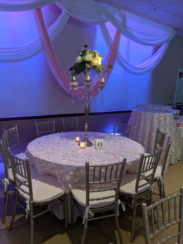 Primetime Silver Chairs and Pink       Cloth